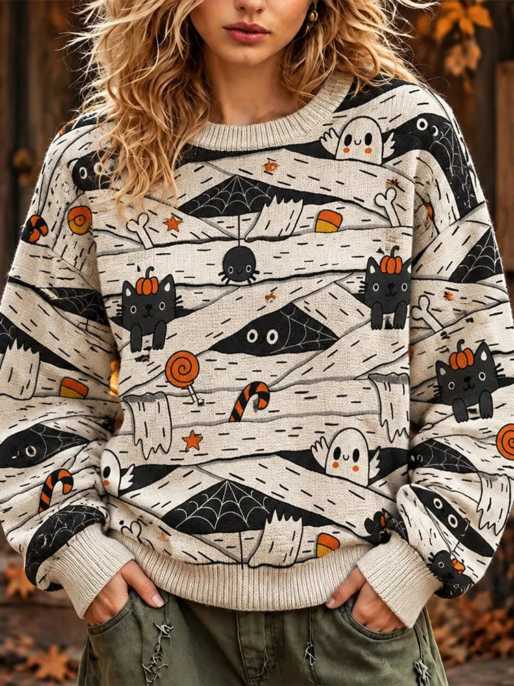 Women's Retro-cute Halloween Casual Crewneck Sweatshirt Featuring A Mummy, Ghost, And Black Cat