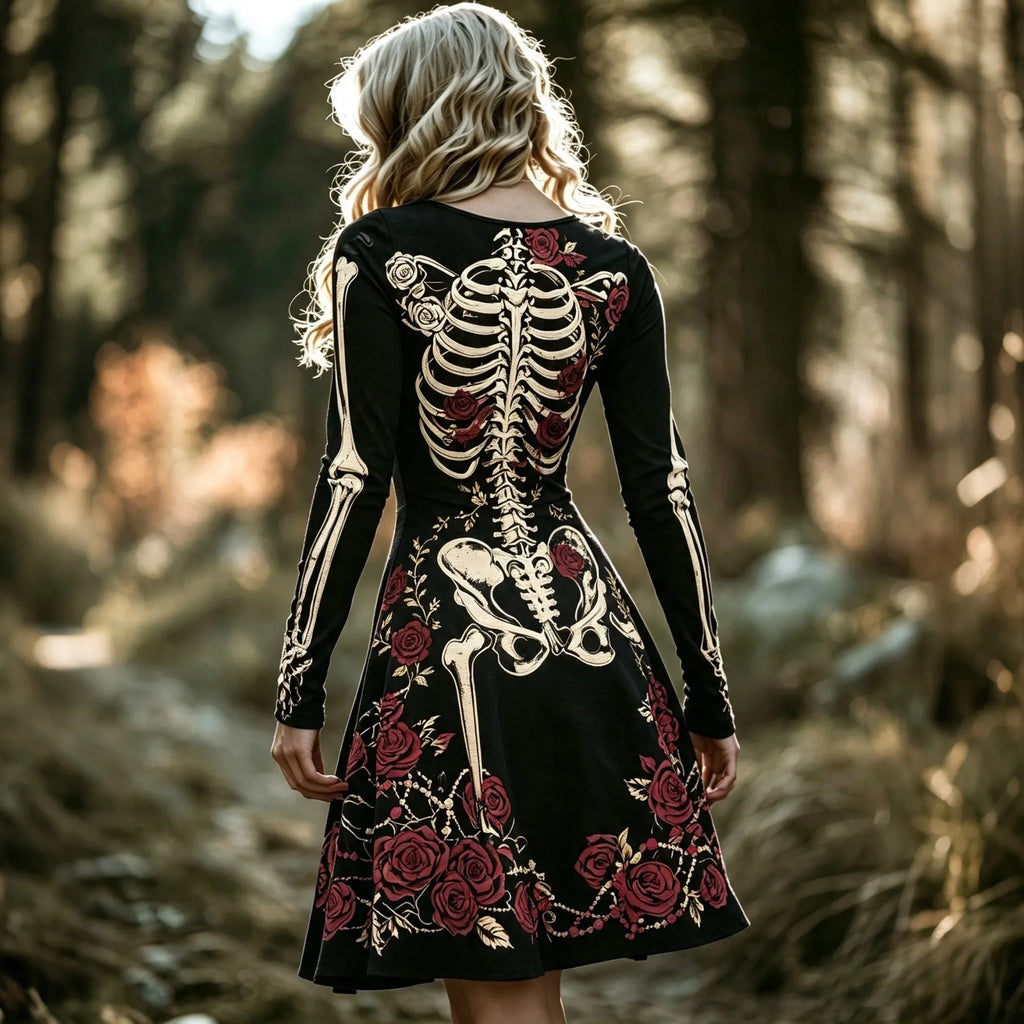 Women's Vintage Skeleton Roses Art Print V Neck Long Sleeve Midi Dress