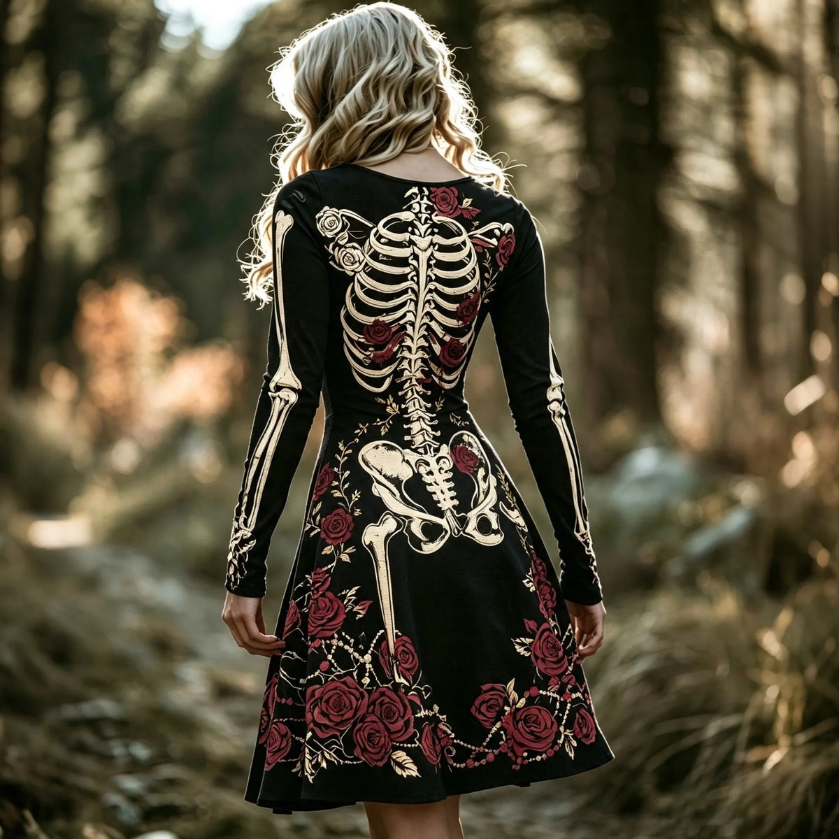 Women's Vintage Skeleton Roses Art Print V Neck Long Sleeve Midi Dress