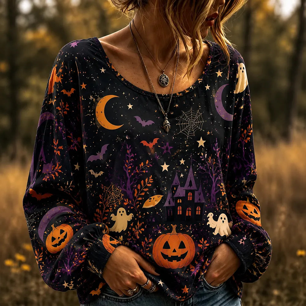 Women's Long Sleeve Crew Neck Pullover Top With Whimsical Halloween Occult Print: Ghosts, Haunted Castles, Pumpkins, And Spiderwebs