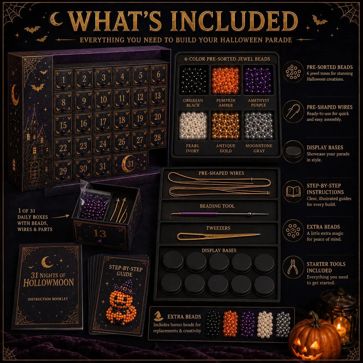 🔥HOT SALE🔥 LAST DAY 49% OFF – 🎃 Hollowmoon 31-Night Jewel-Bead Countdown Calendar | 31 Daily DIY Characters, Complete Craft Supplies & Midnight Parade Display 💎✨