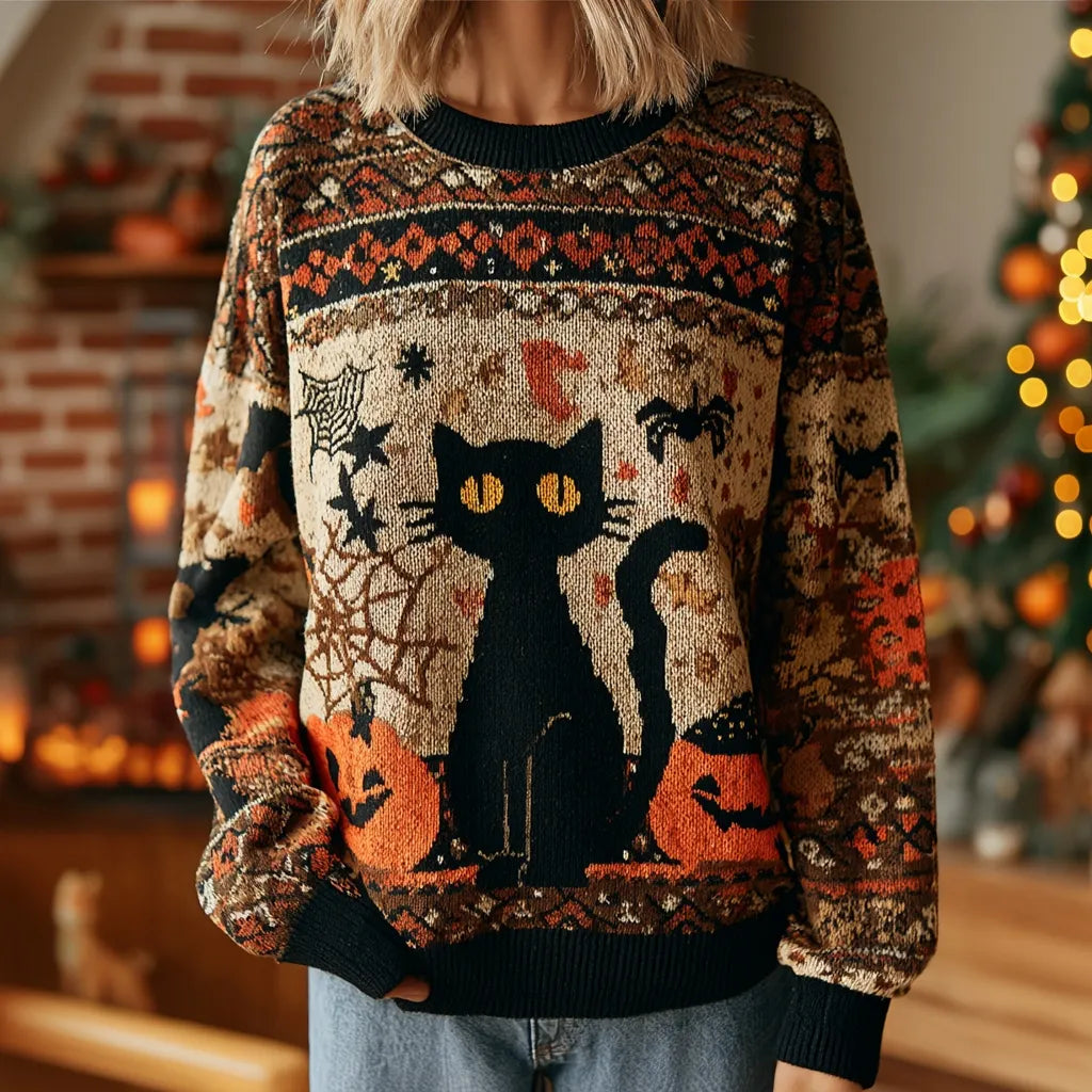 Women's Retro Halloween Black Cat Print Knit Sweater