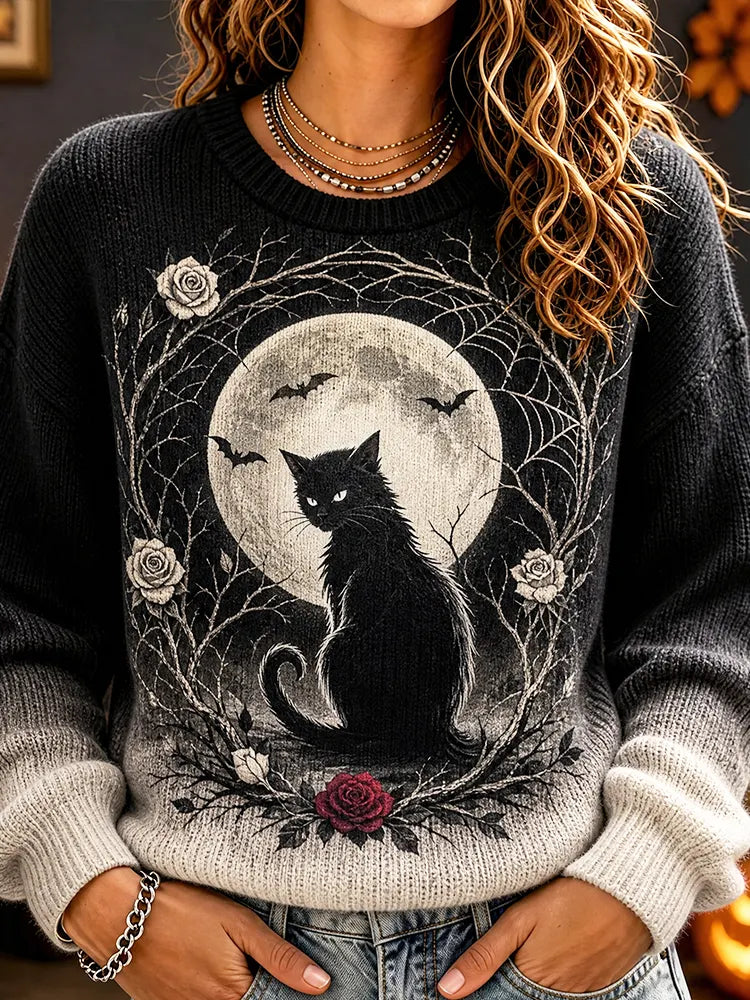 Women's Crewneck Knit Sweater Featuring Seated Cat And Moon Wreath
