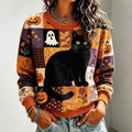 Women's Retro Halloween Black Cat And Pumpkin Ghost Knit Crew Neck Sweater