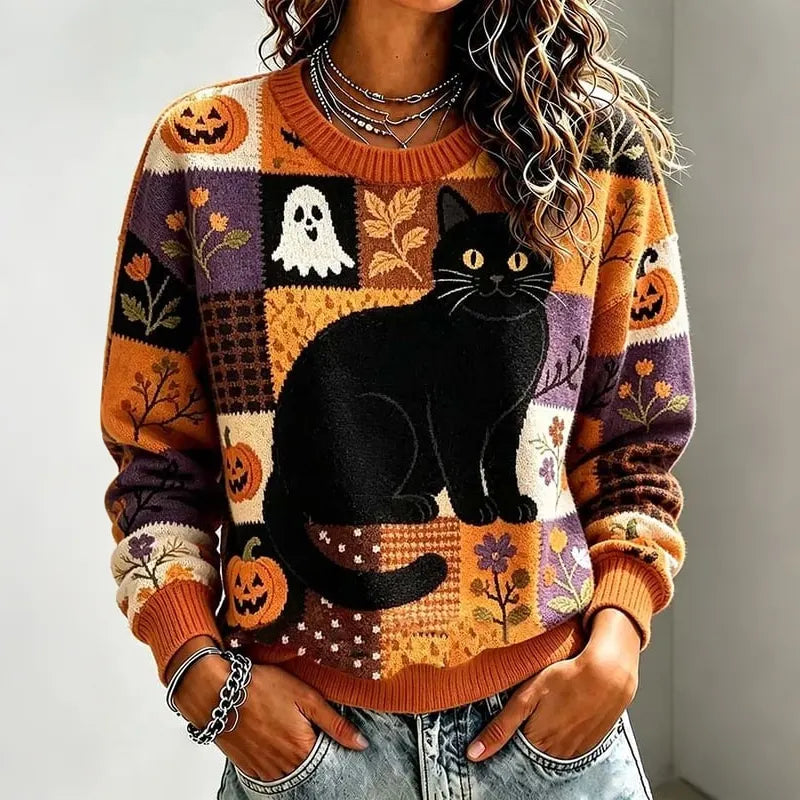 Women's Retro Halloween Black Cat And Pumpkin Ghost Knit Crew Neck Sweater