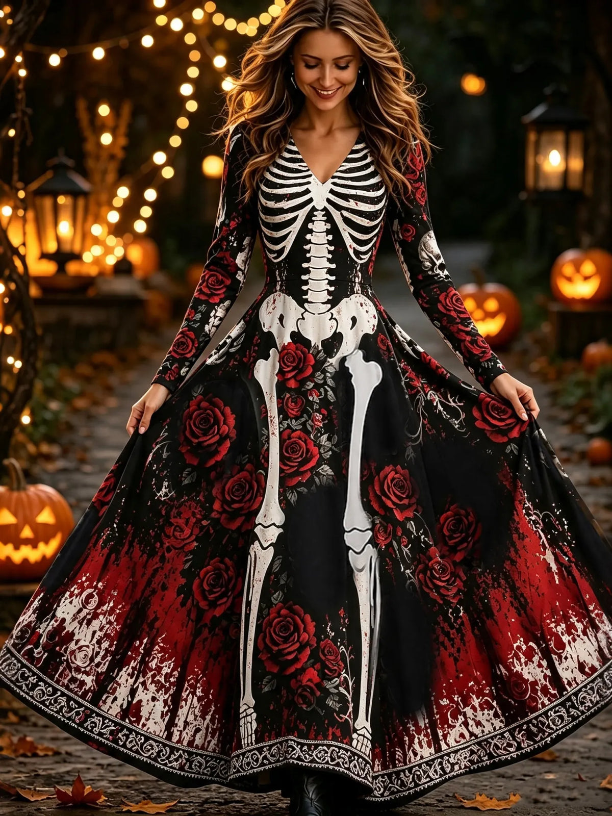 Women's Retro Halloween Rose Skull Print V-neck Long Sleeve Dress
