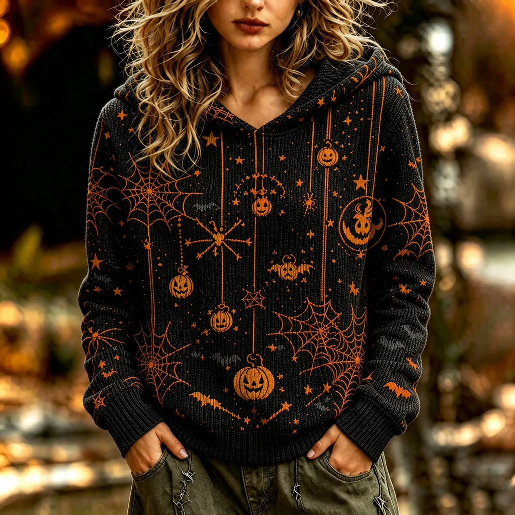 Women's Retro Halloween Themed Pumpkin And Spiderweb Print Sweater