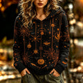 Women's Retro Halloween Themed Pumpkin And Spiderweb Print Sweater
