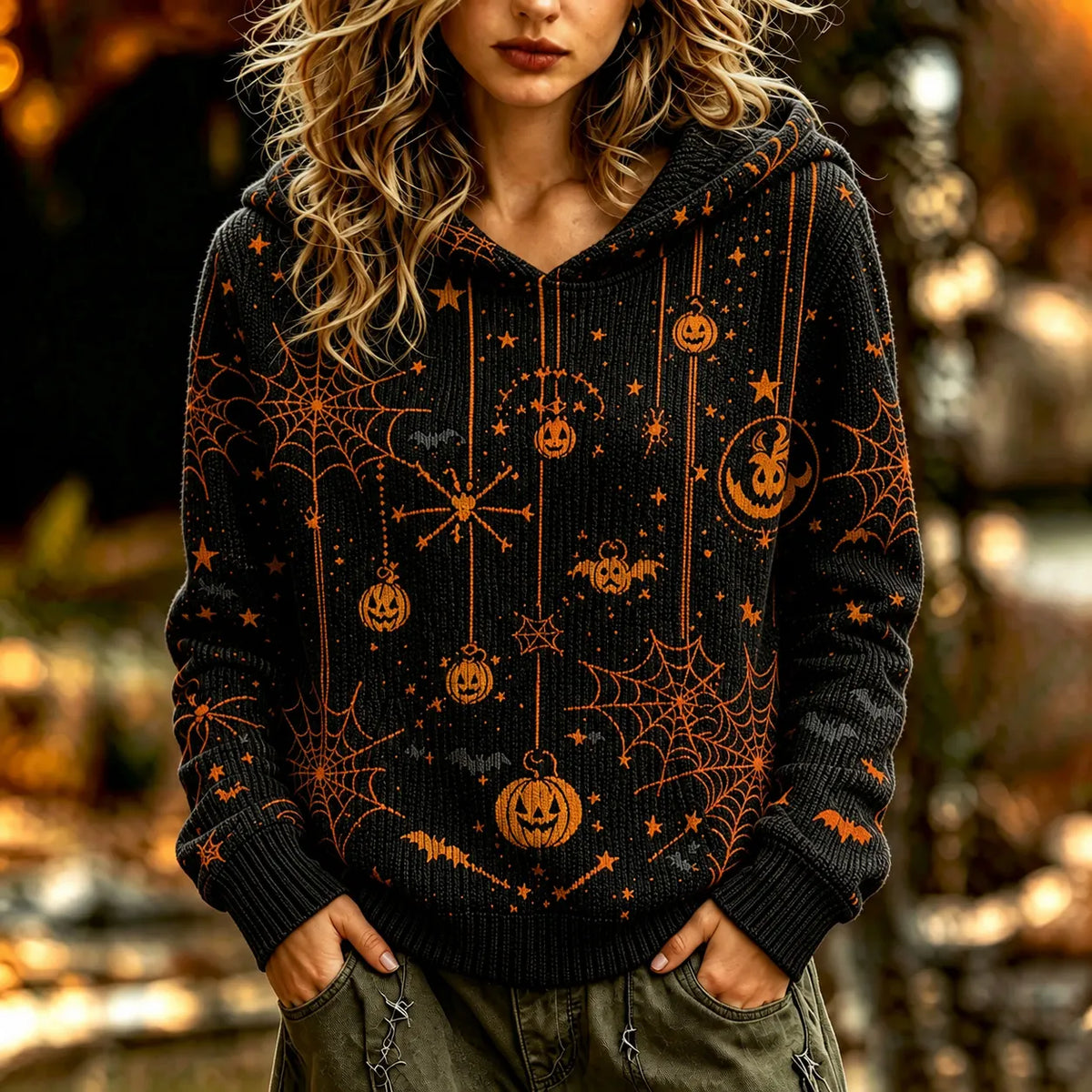 Women's Retro Halloween Themed Pumpkin And Spiderweb Print Sweater
