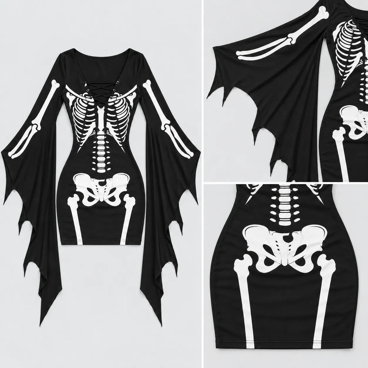 Women's Gothic Skeleton Batwing Flare Sleeve Lace‐up Bodycon Dress – Halloween Costume