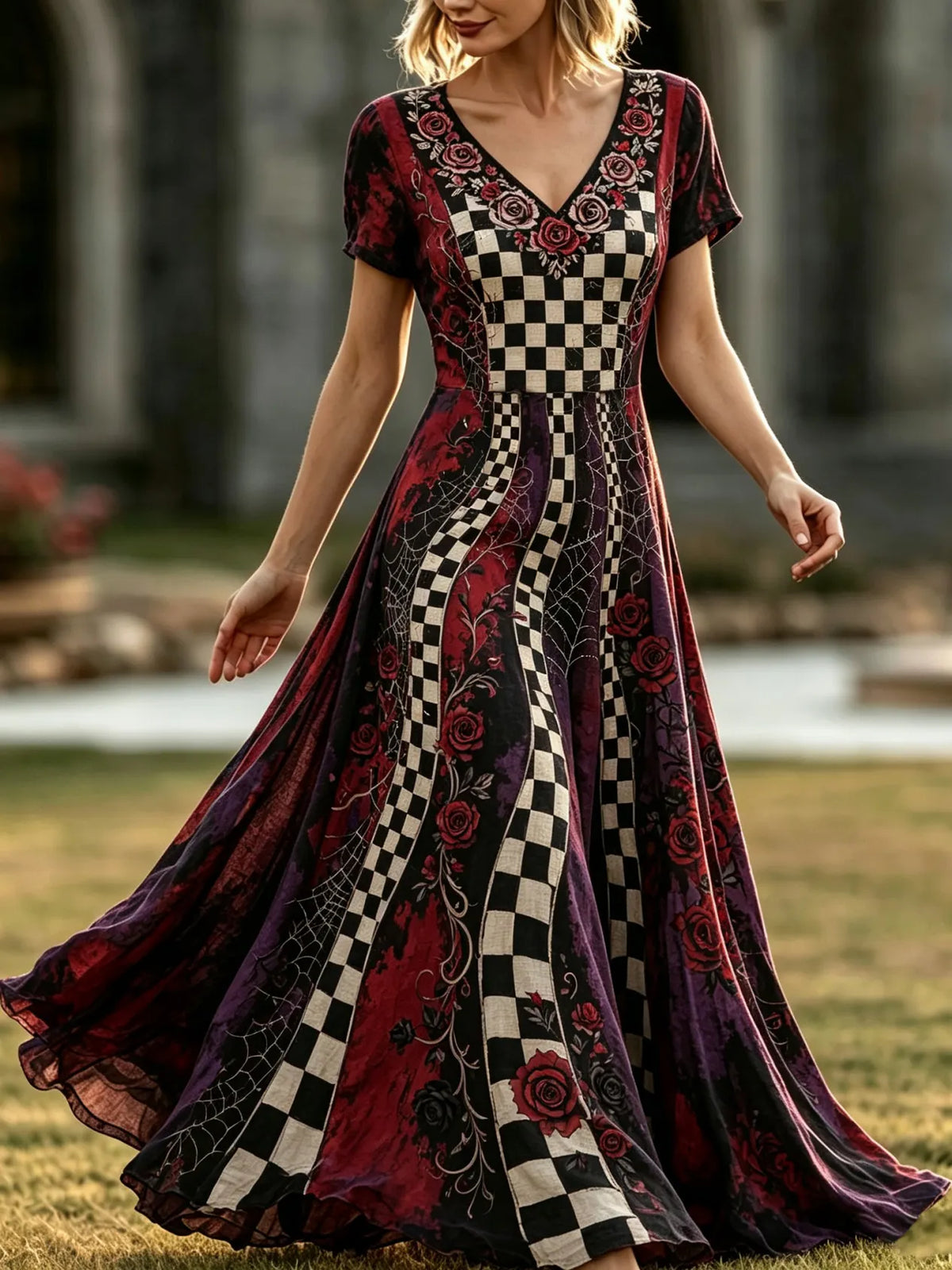 Women's Retro Halloween Plaid Floral Print V-neck Dress