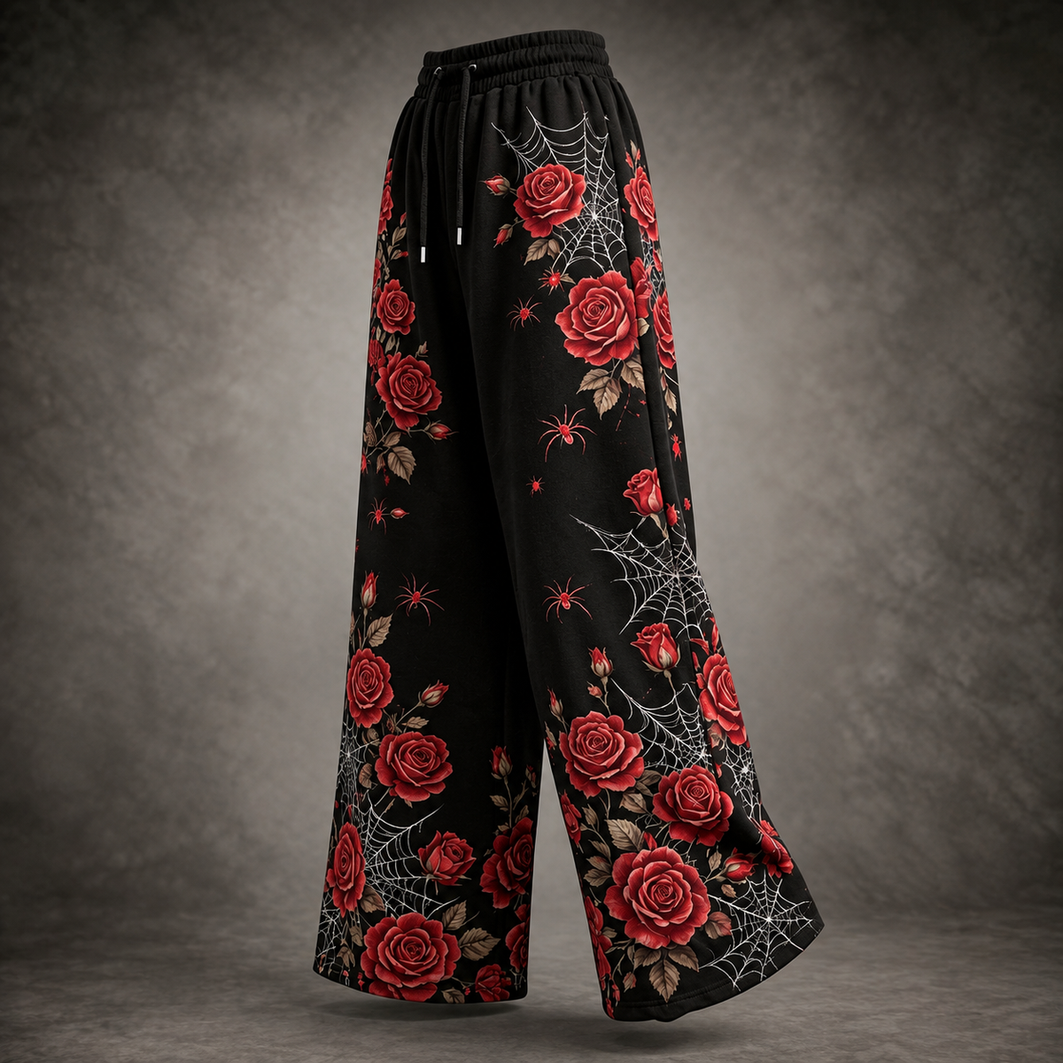 Women's Dark Retro Halloween Rose Skeleton Spider Web Print Three-piece Set