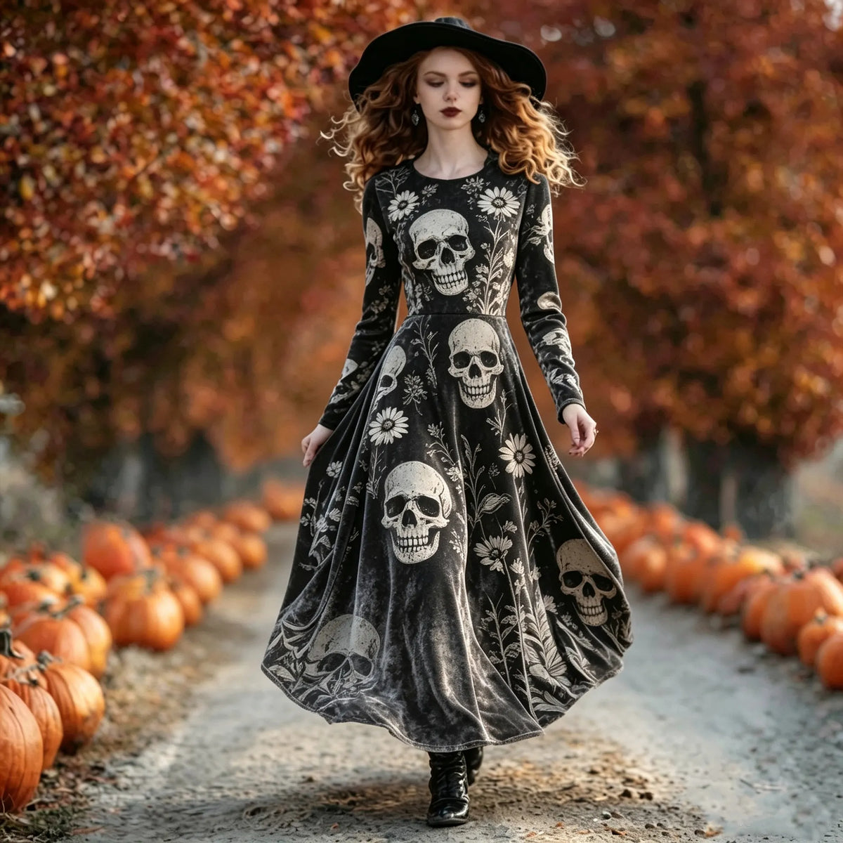 Women's Gothic Velvet Vintage Skull Print Long-sleeved A-line Flowy Dress