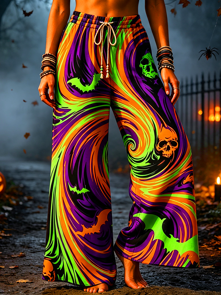 Women's Halloween Drawstring Wide-leg Pants With Swirls, Skulls, And Bats Print