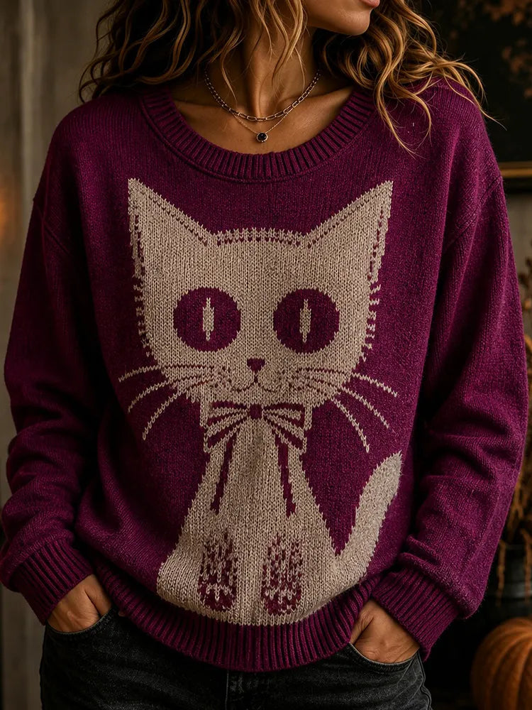 Women's Retro Halloween Bow Cat Knit Crew Neck Sweater