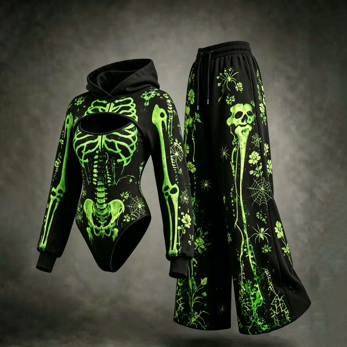 Women's Dark Retro Halloween Skeleton Spider Web Floral Print Three-piece Set
