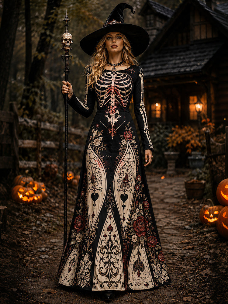 Women's Retro Halloween Gothic With Floral Pattern Print Round-neck Maxi Dress