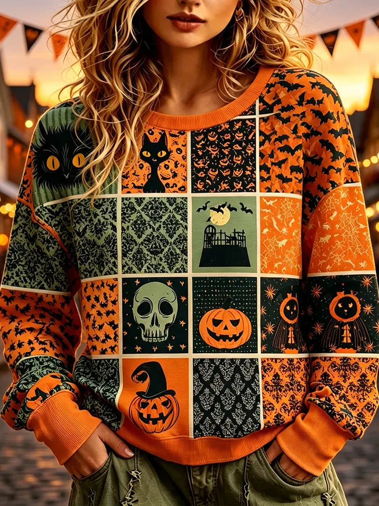 Women's Halloween Patchwork Graphic Crewneck Sweatshirt - Spooky Black Cats, Skulls And Pumpkins Print Pullover