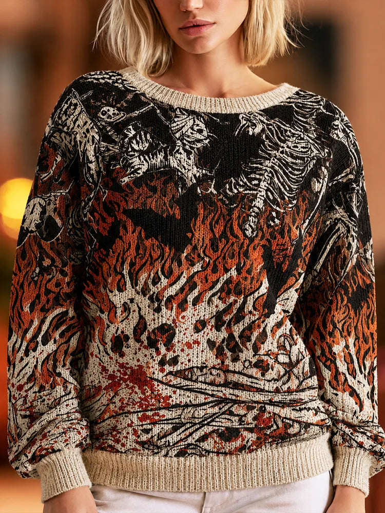 Women's Crewneck Knit Sweater Featuring Skeletons And Flame Accents