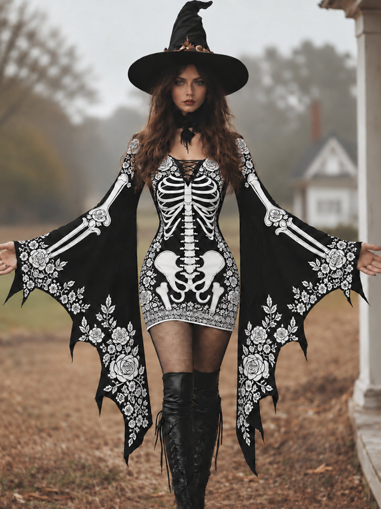 Women's Gothic Skeleton With White Roses Batwing Flare Sleeve Lace‐up Bodycon Dress – Halloween Costume