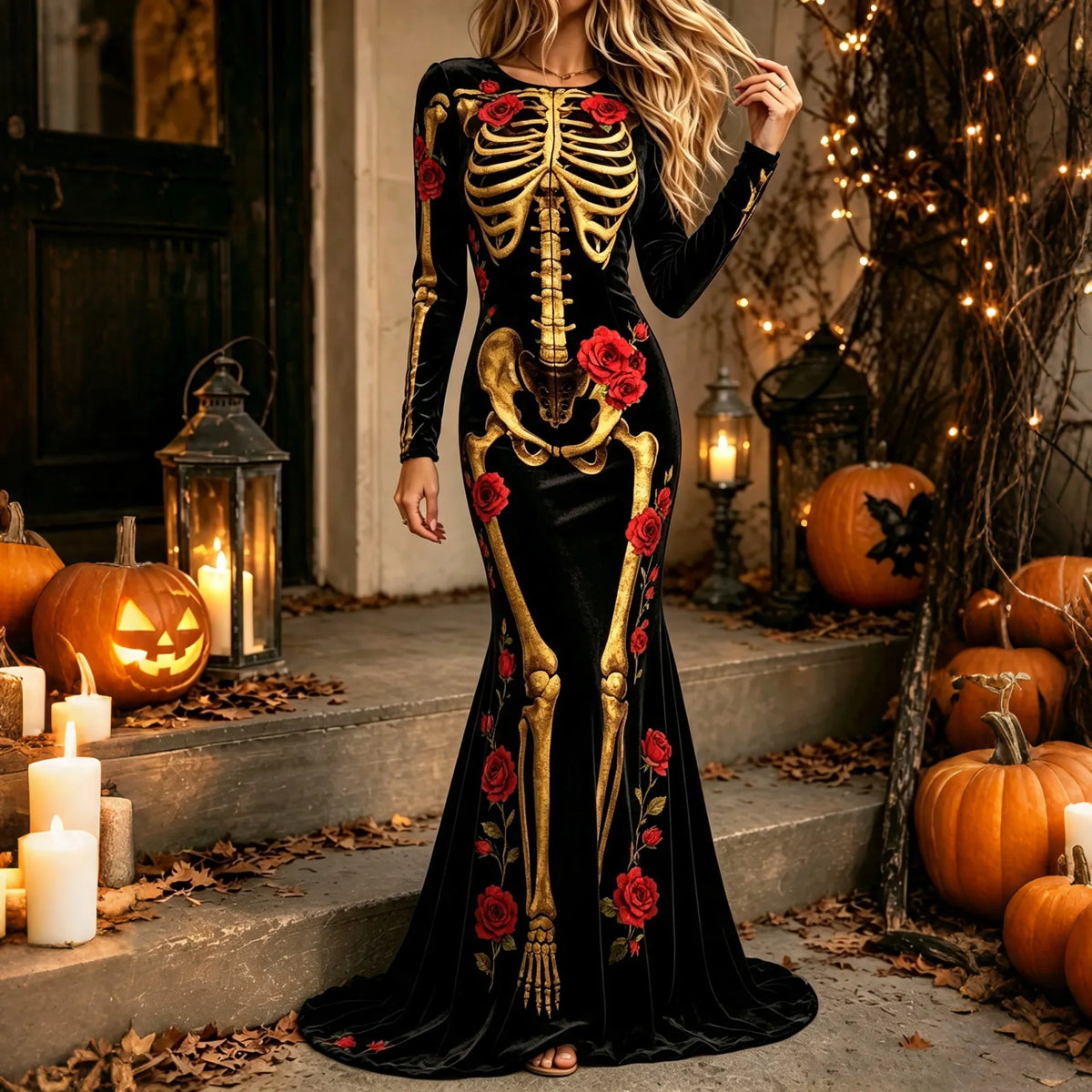 Women's Halloween Skull Rose Print Velvet Dress