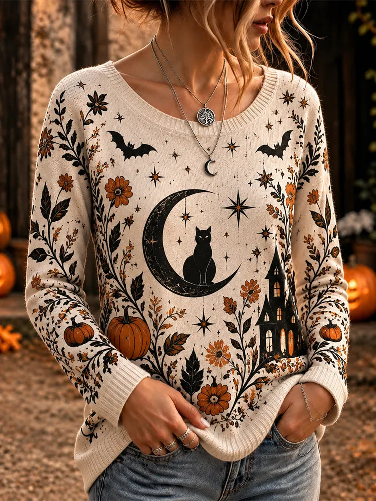 Women's Beige Halloween Cat And Moon Crewneck Sweater