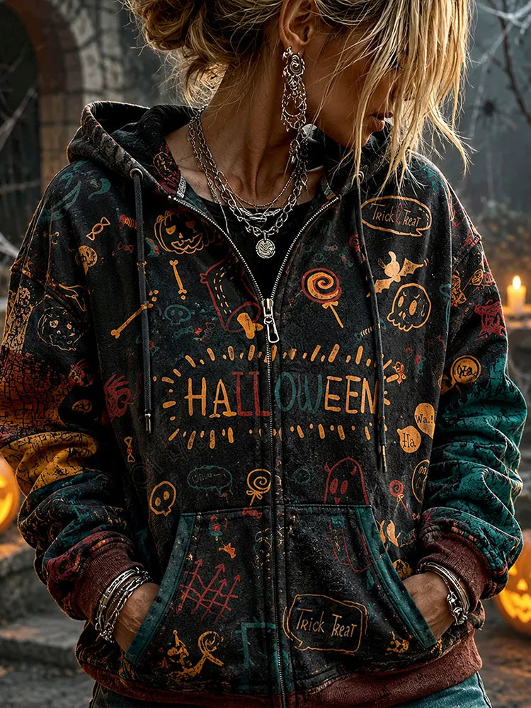 Women's Retro Halloween Pumpkin Ghost Print Washed Distressed Long-sleeve Casual Hooded Jacket