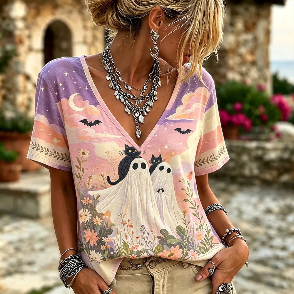 Women's V-neck T-shirt With Pastel Tie-dye, Cats In Ghost Costumes, And Floral Field Print