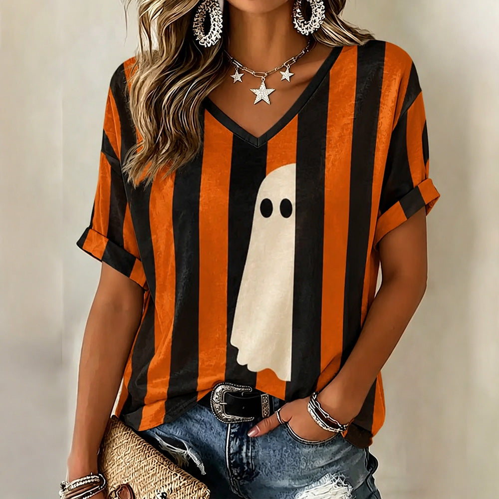 Women's Halloween Hidden Ghost Art Striped Casual Top
