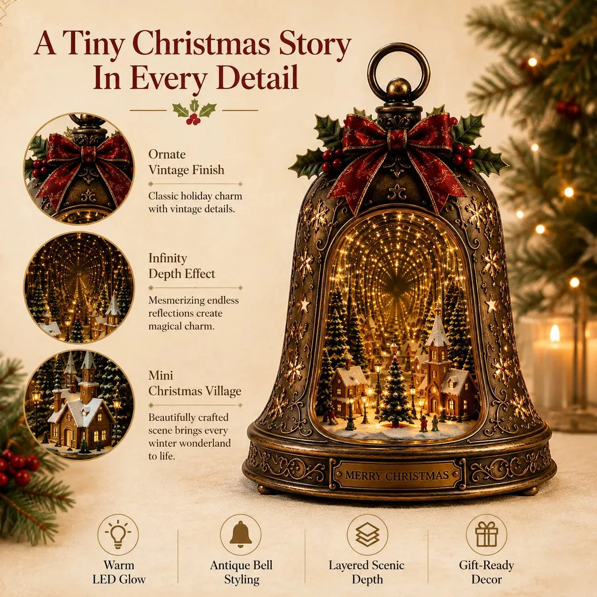 🎄 Christmas Village Infinity Bell 🎄– Lighted 3D Holiday Decor