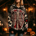Women's Halloween Gothic Skeleton Poker Flowers Print Cozy Art Knit Hooded Sweater