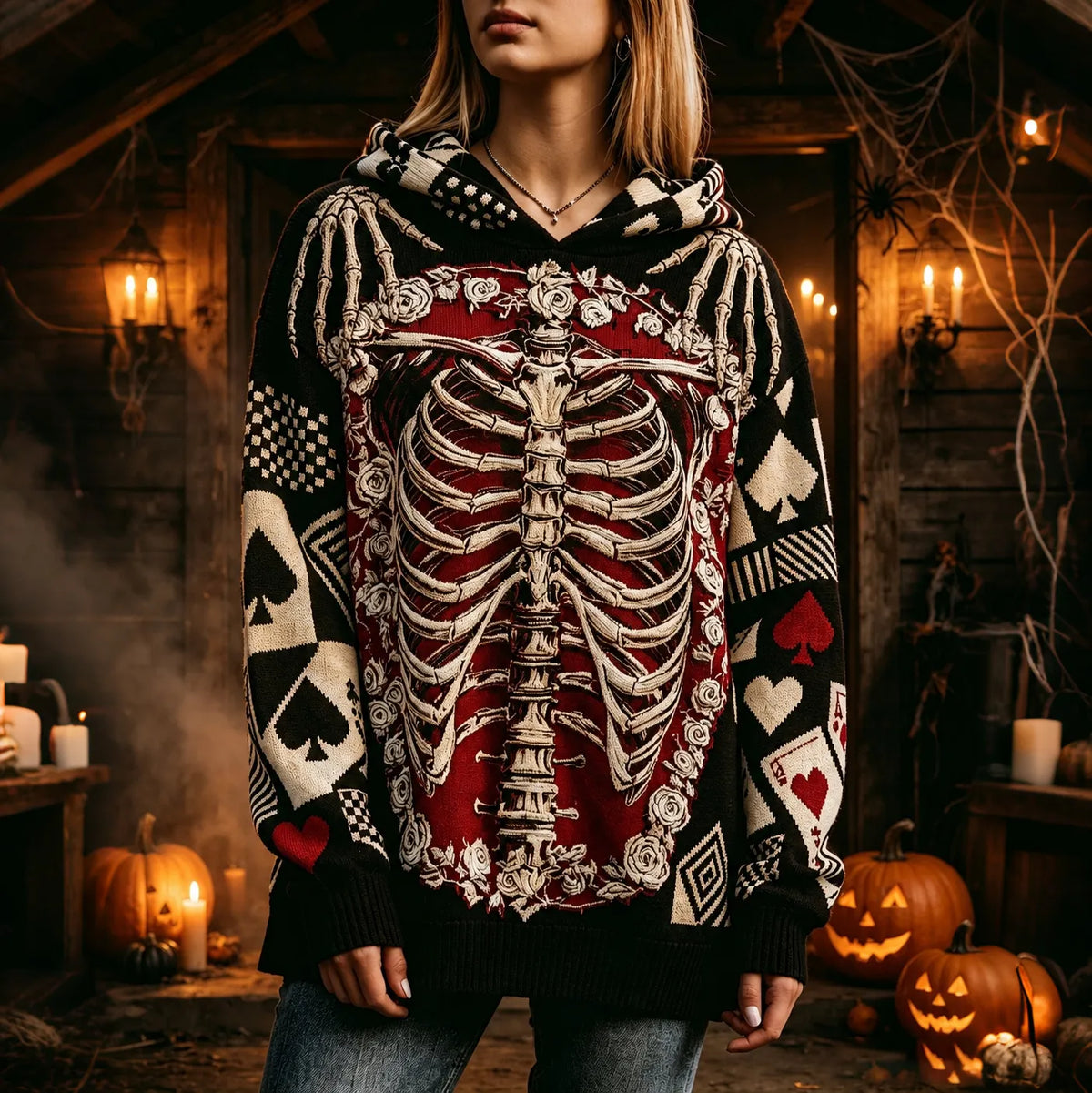 Women's Halloween Gothic Skeleton Poker Flowers Print Cozy Art Knit Hooded Sweater