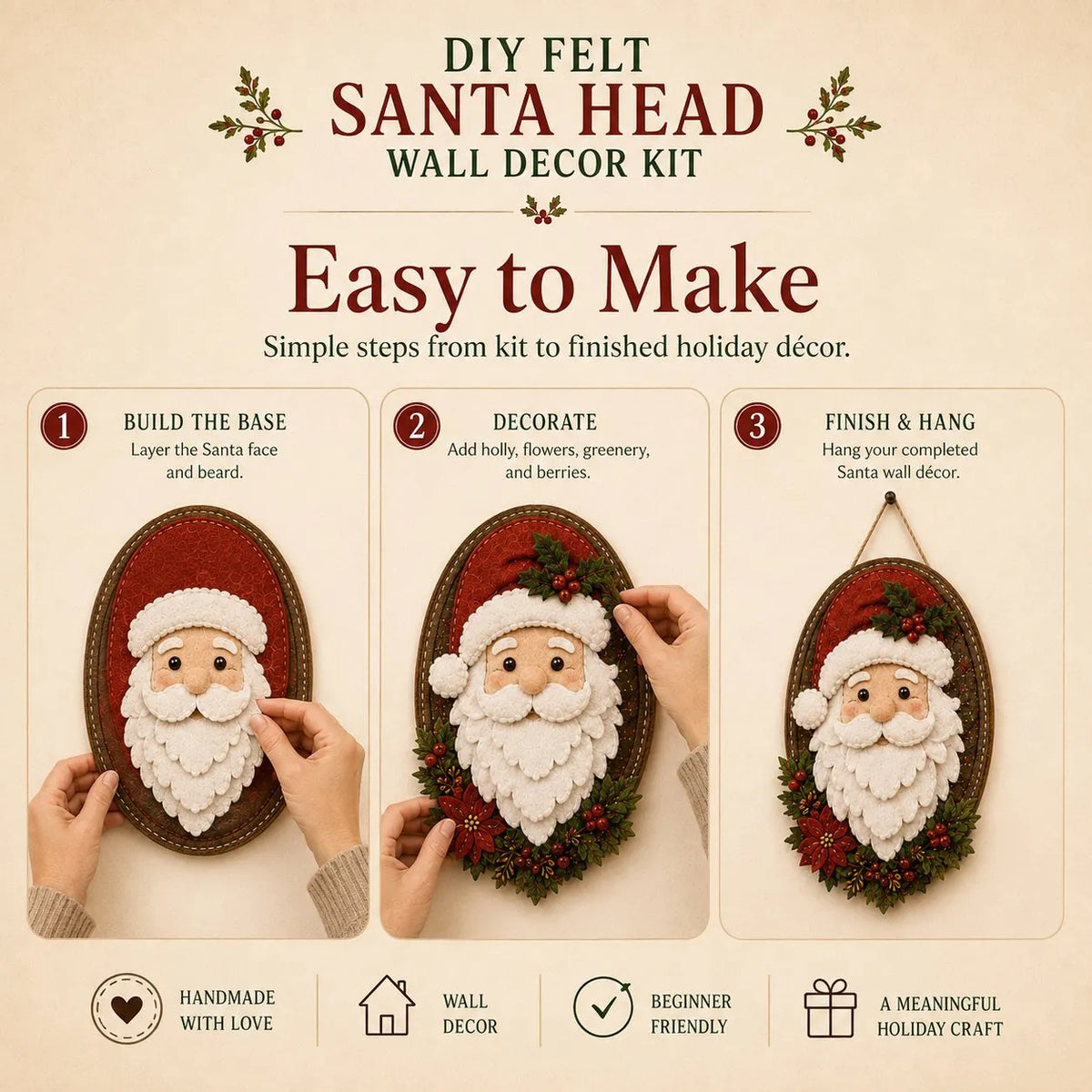⏳ Last Day 49% OFF – 🎅 Beginner-Friendly 52-Piece DIY Layered Felt Santa Wall Decor Kit | Complete Kit with All Tools & Step-by-Step Guide Included 💕