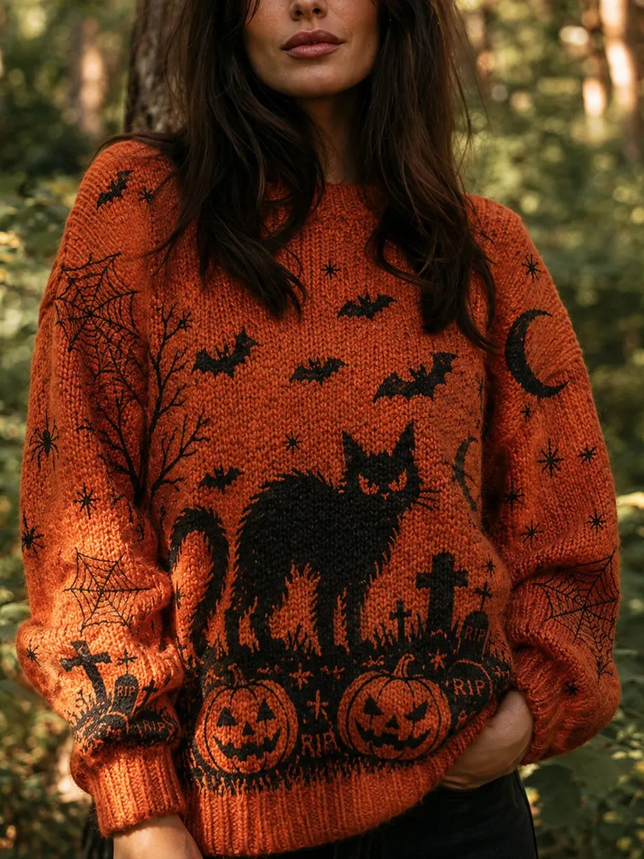 Women's Retro Halloween Theme Cat And Bat Print Sweater
