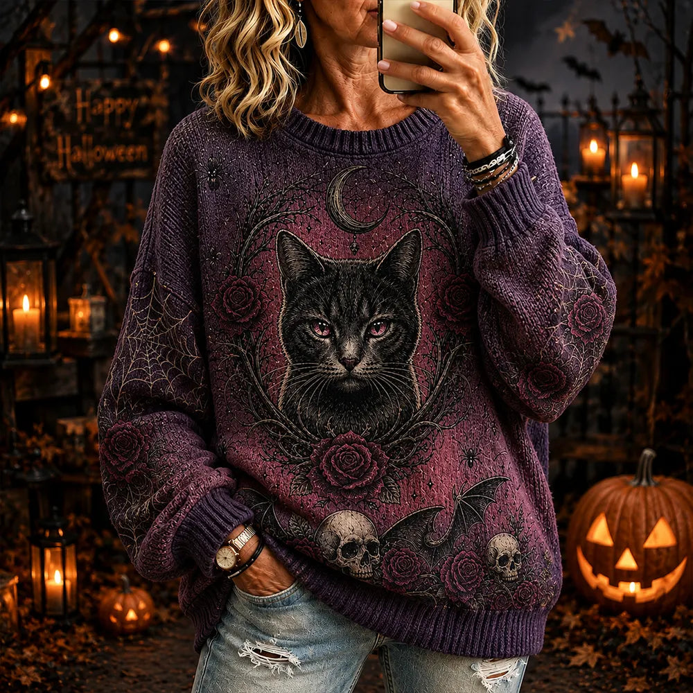 Women's Goth Cat & Skull Graphic Knit Sweater - Dark Purple Floral Rose & Bat Pattern