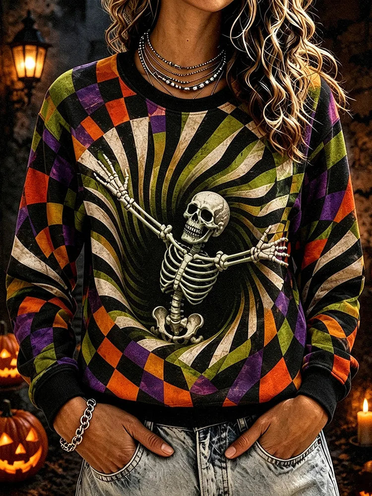 Women's Halloween Spiral Check Skull Print Sweatshirt