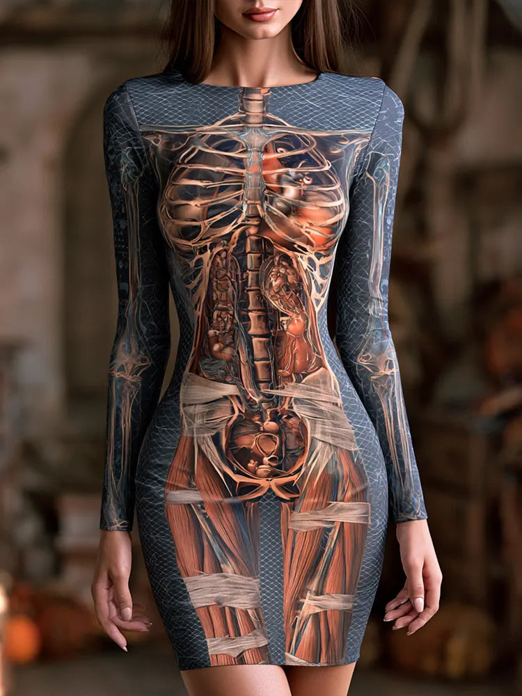 Women's Halloween Human Skeleton And Organs Art Slim Fit Long Sleeve Dress