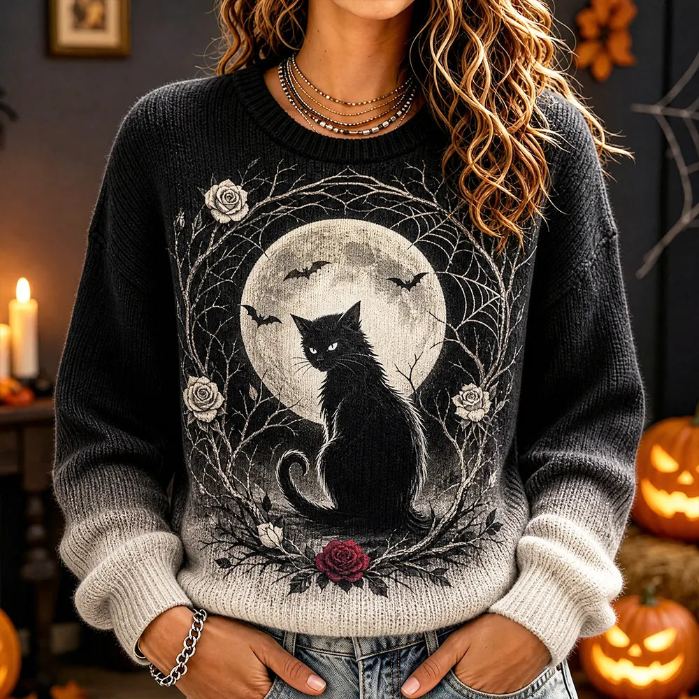 Women's Crewneck Knit Sweater Featuring Seated Cat And Moon Wreath
