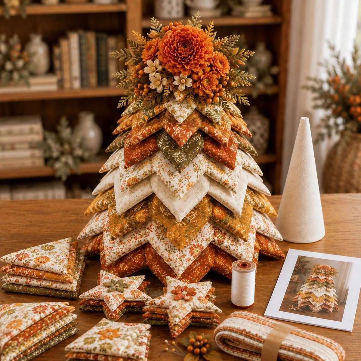 🍂 Beginner-Friendly DIY Fabric Patchwork Fall Tree Kit | Coordinated Autumn Fabrics, Cone Base, Securing Pins & Floral Topper Included 🌼✨
