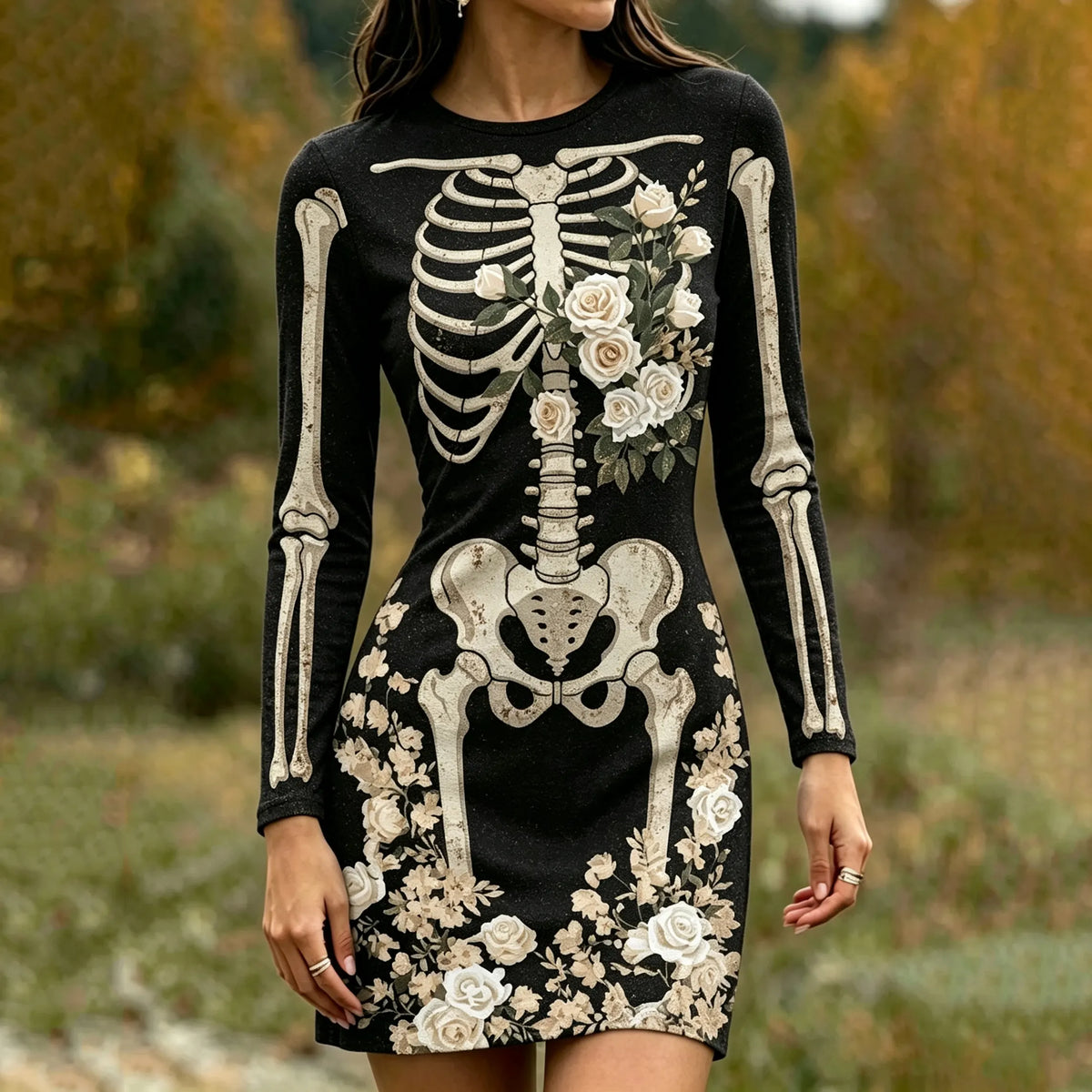 Women's Gothic Skeleton With White Floral Art Print Bodycon Mini Dress
