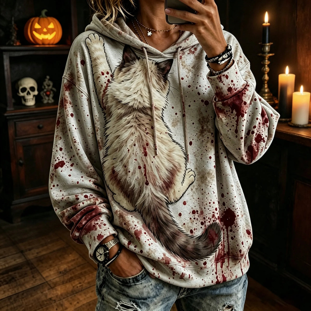 Women’s Realistic 3d Fluffy Back View Ragdoll Cat Clinging Cat In Bloody Print Hoodie