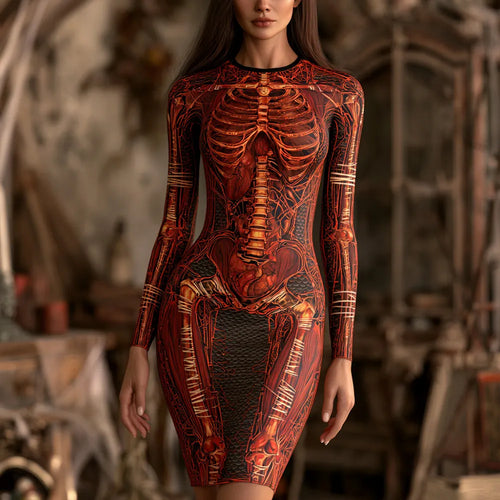 Women's Halloween Skeleton And Bandage Art Slim Fit Long Sleeve Dress