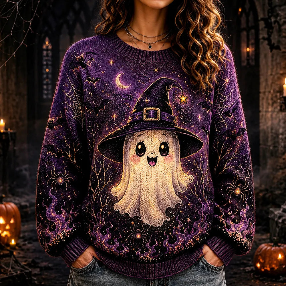Women's Halloween Cute Ghost In Witch Hat Graphic Knit Sweater - Purple Spider Web & Star Pattern