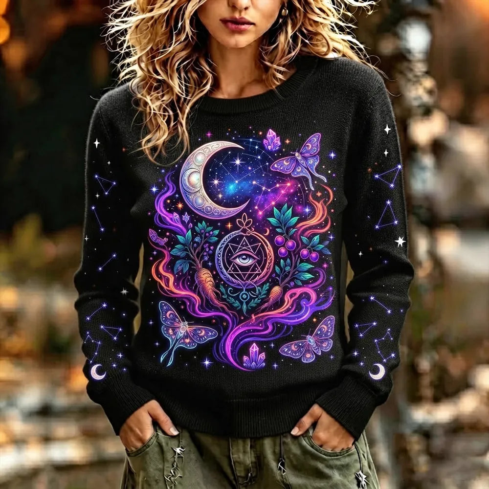 Women's Casual Crewneck Knit Sweater In Black With Cosmic Crescent Moon, All-seeing Eye, Moths, And Nebula Print