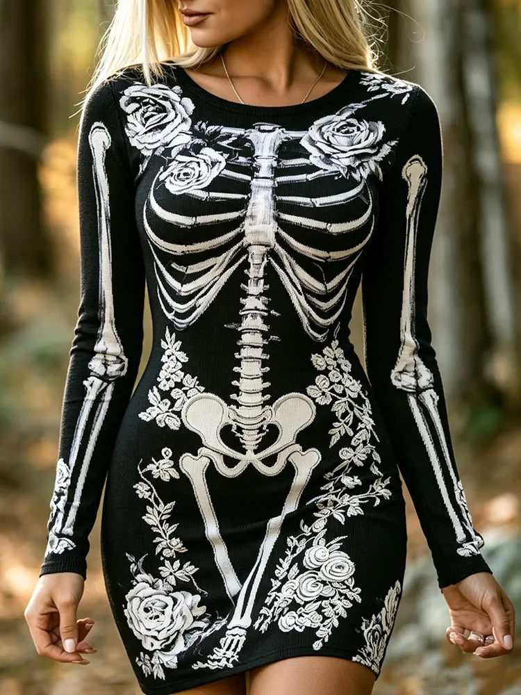 Women's Gothic Skeleton With Halloween Anatomy Art Print Bodycon Mini Dress