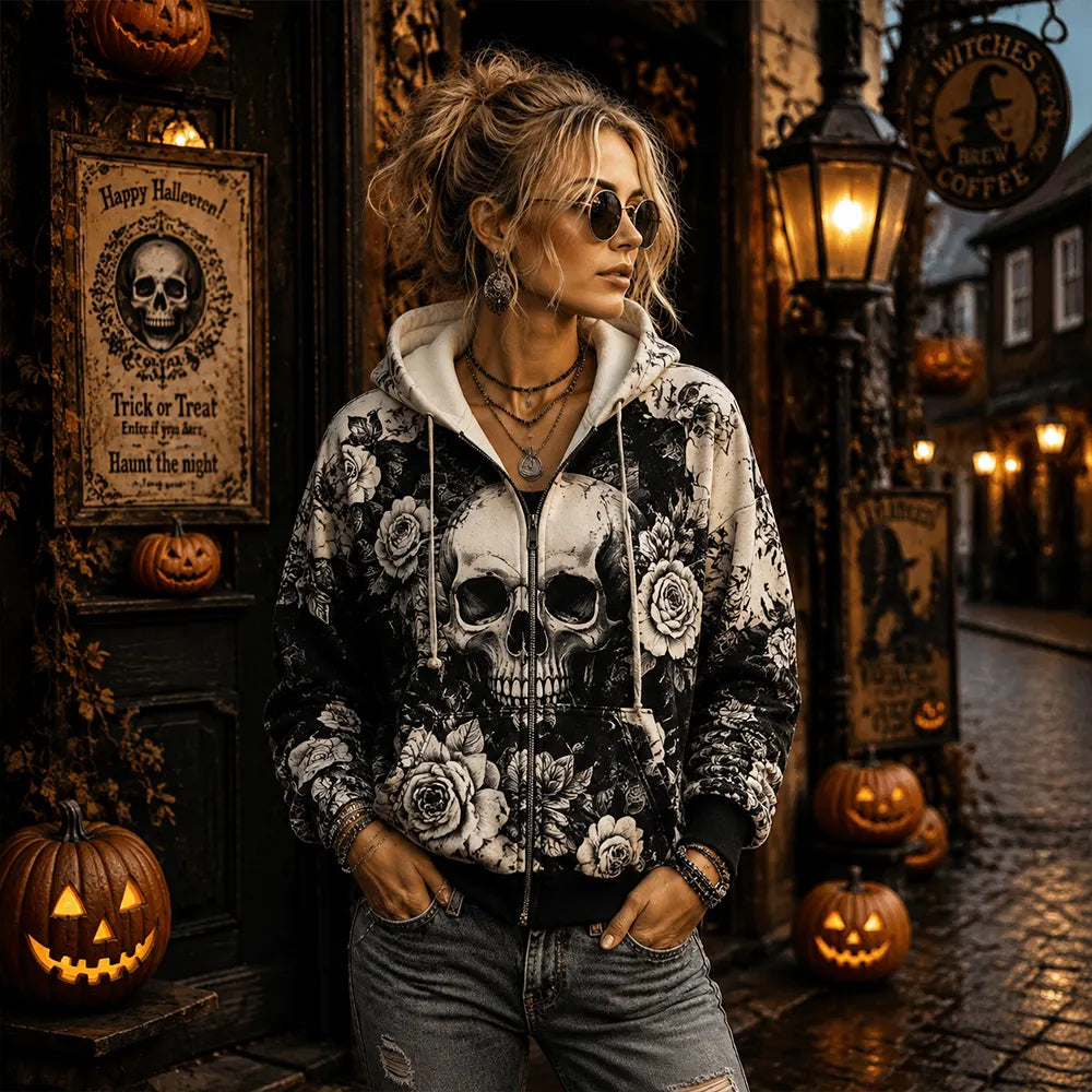 Women's Gothic Skull And Roses Graphic Zip-up Hoodie - Vintage Floral Bones Print Casual Jacket
