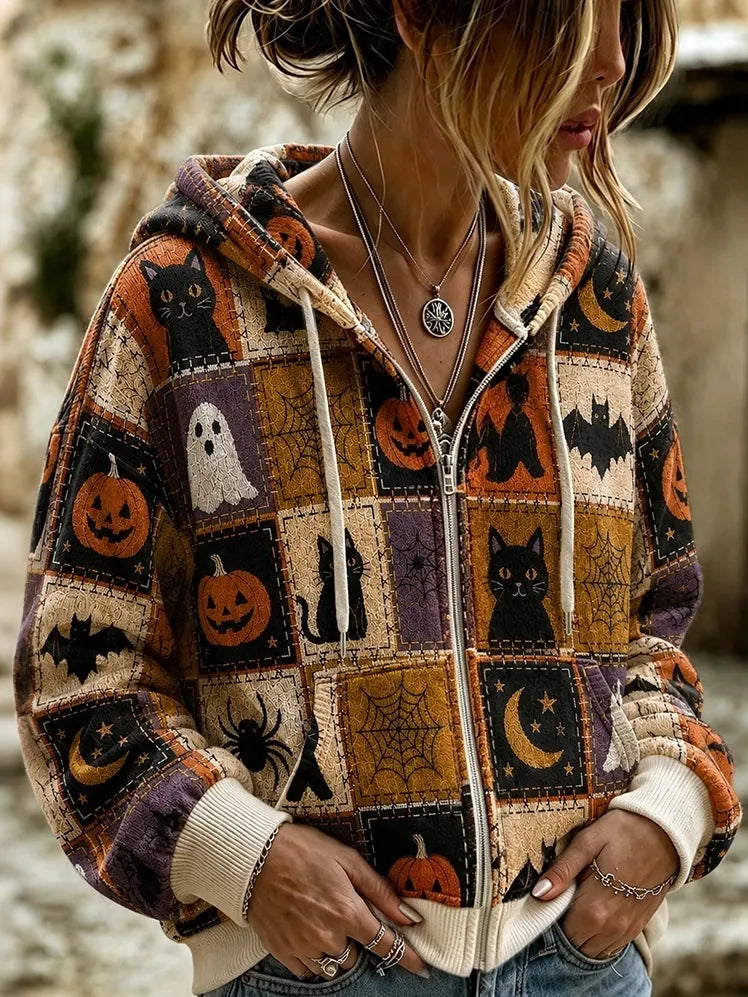 Women's Retro Halloween Black Cat Patchwork Zipper Hooded