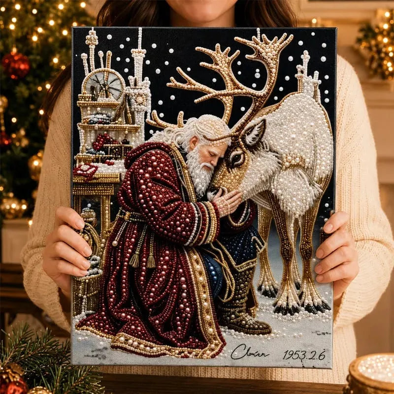 🎅🎄 Premium 3D Pearl Christmas Reindeer Diamond Painting Art Kit |  Luxury Flocked Canvas with Scratch-Resistant Non-Fading Pearl Beads DIY Holiday Decor⛄️❄️
