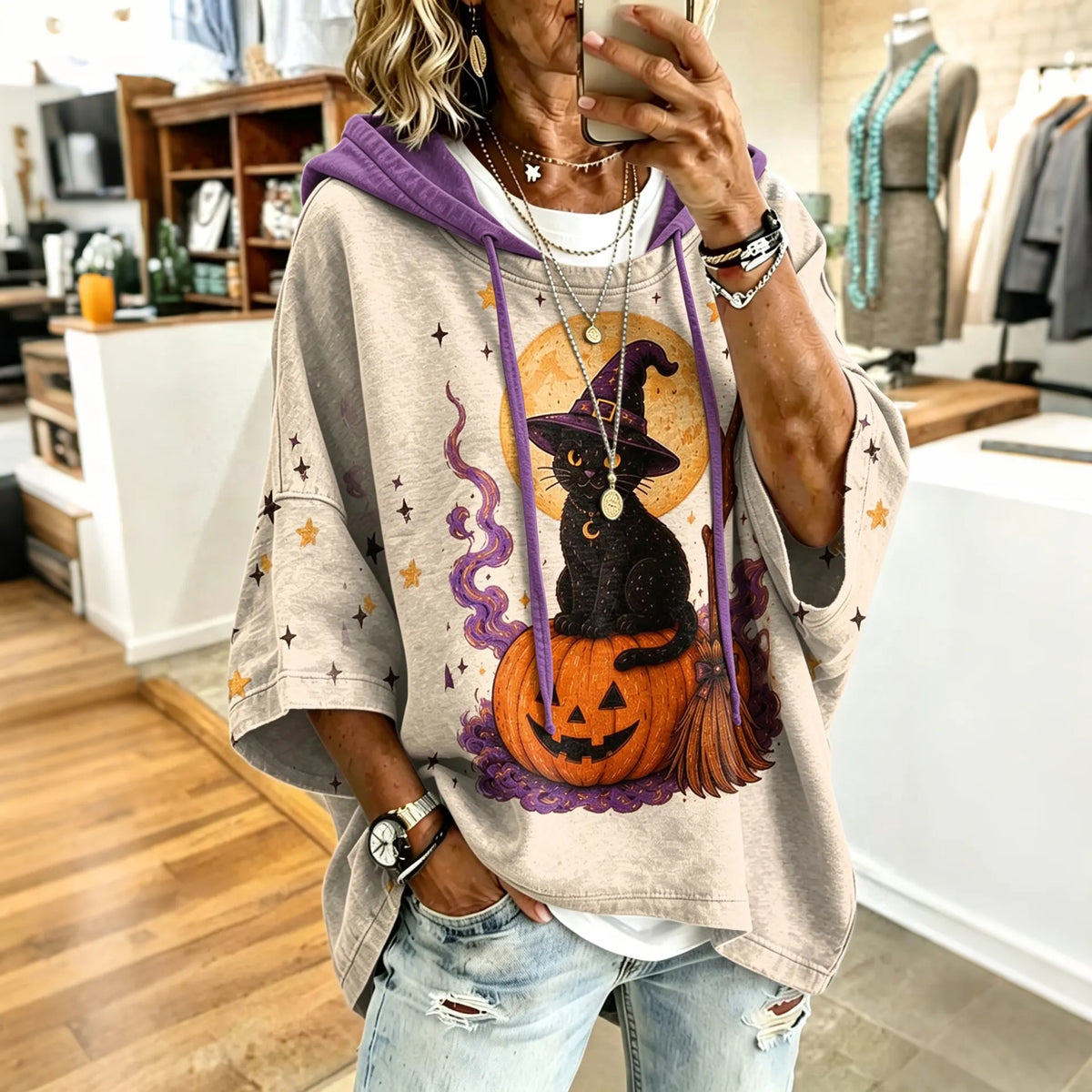 Women's Retro Halloween Cute Cat Print Hooded Sweatshirt