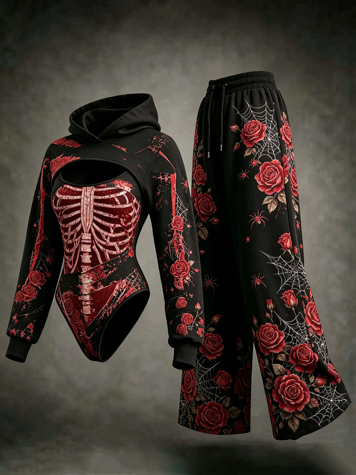 Women's Dark Retro Halloween Rose Skeleton Spider Web Print Three-piece Set